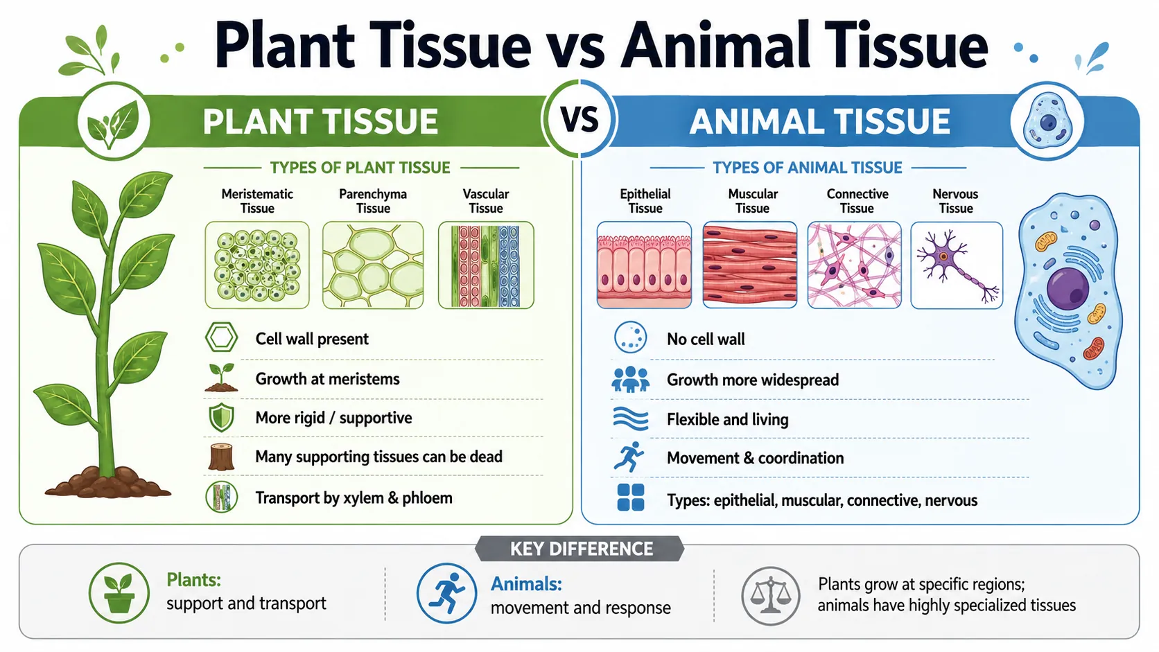 difference between a plant tissue and an animal tissue